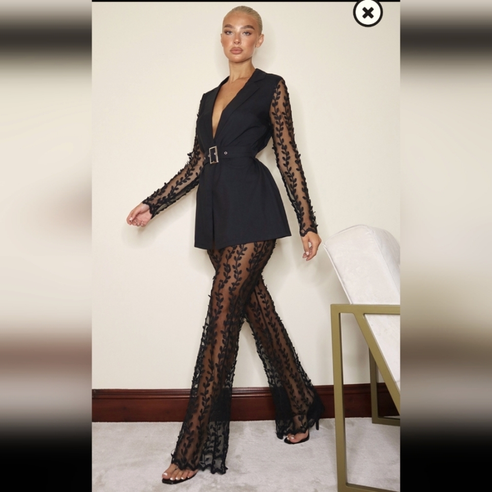 PrettyLittleThing Black Lace Sheer Flare Pants (NWT)